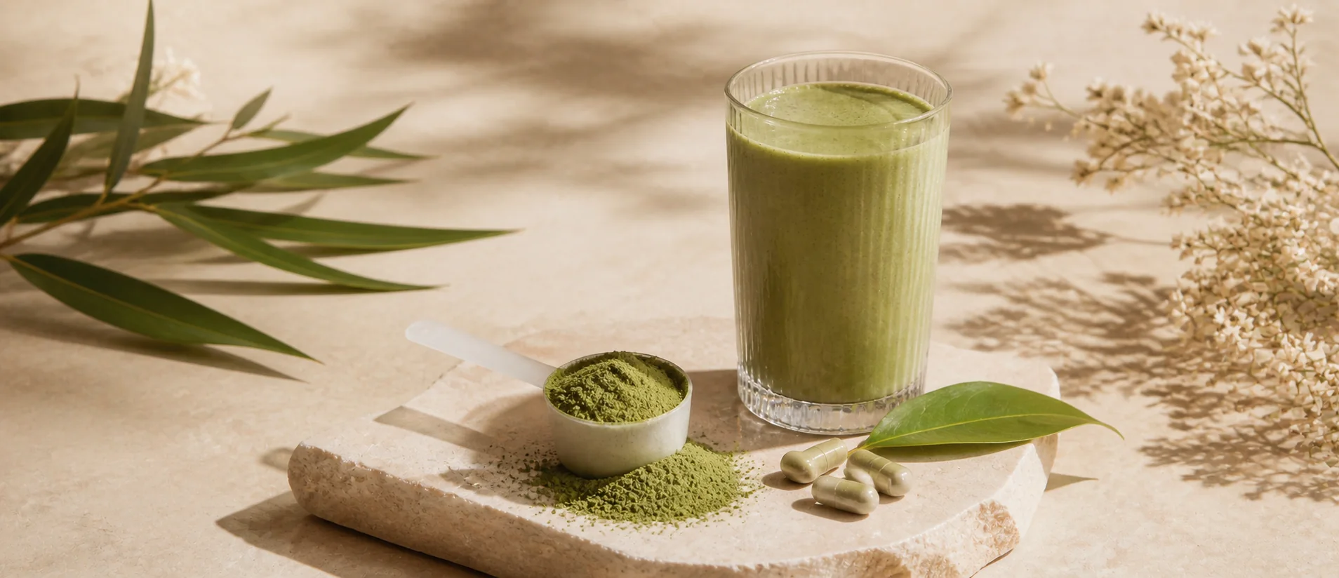 Smoothie verde e matcha em composição editorial