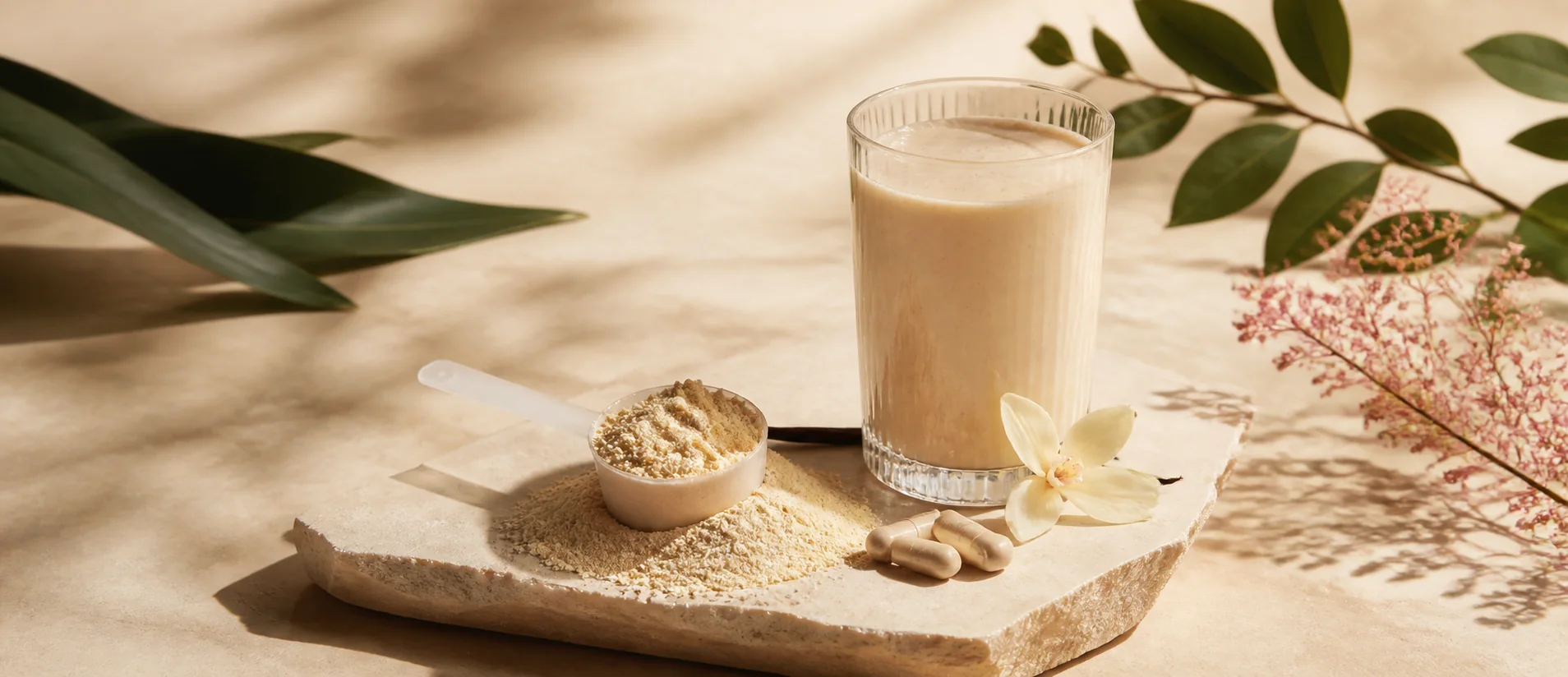 Suplementos e smoothie em composição editorial